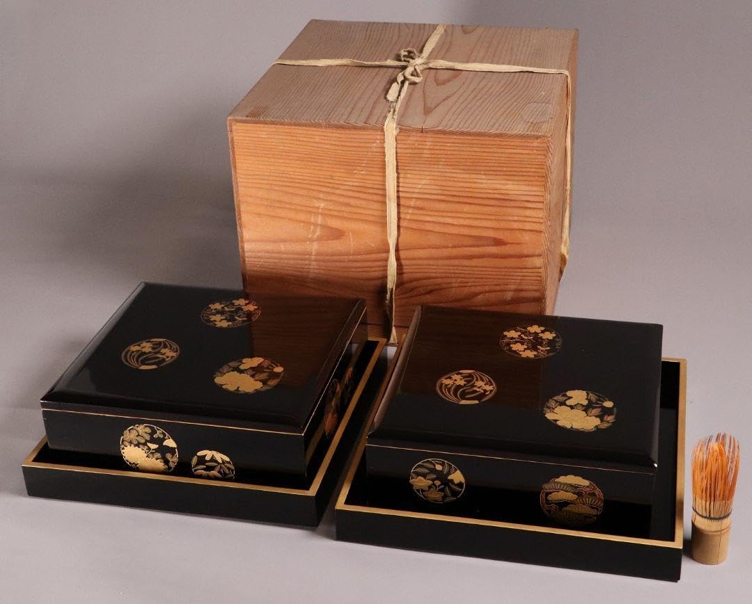 漆芸 木製漆器 丸に草花図 金蒔絵 二段重 重台 黒塗 朱塗 重箱【MA171】 漆芸 木製漆器 丸に草花図 金蒔絵 二段重 重台 黒